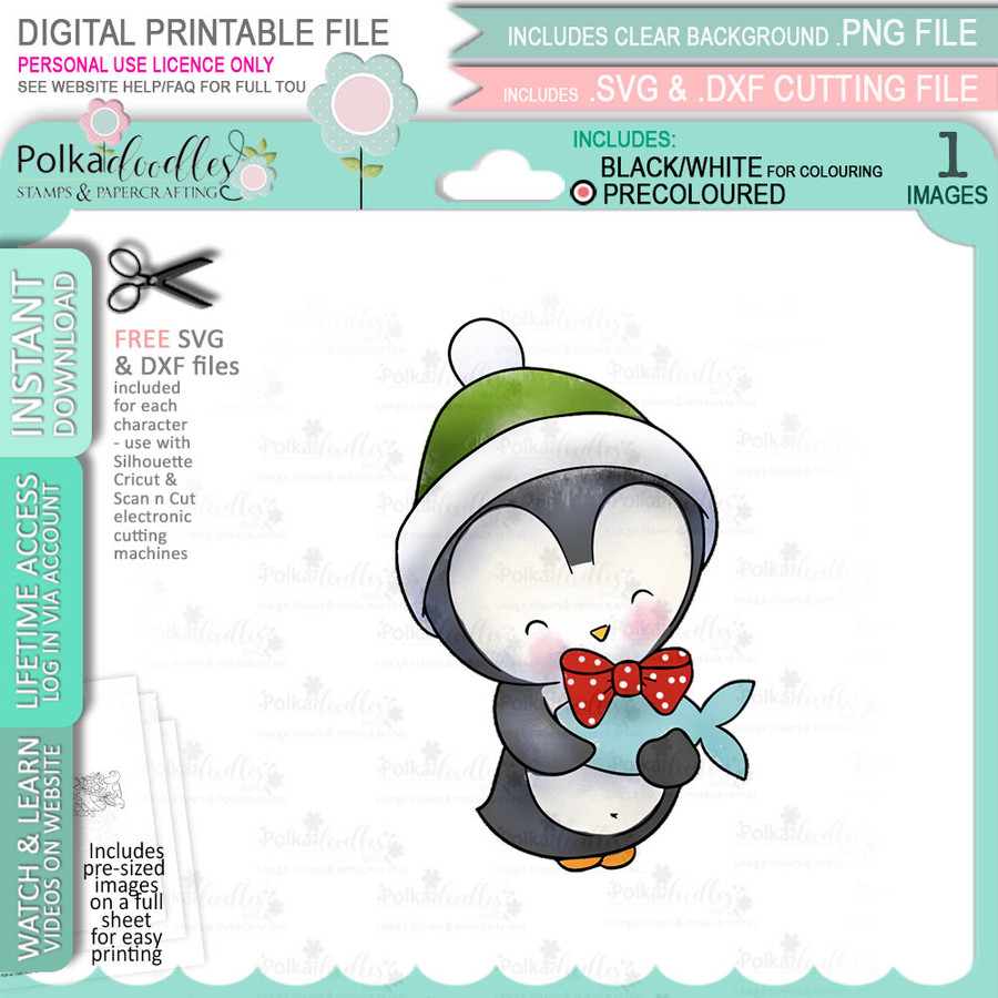Fishy Present Theo Penguin digital stamp - (COLOUR) printable clipart  for cardmaking, craft, scrapbooking & stickers