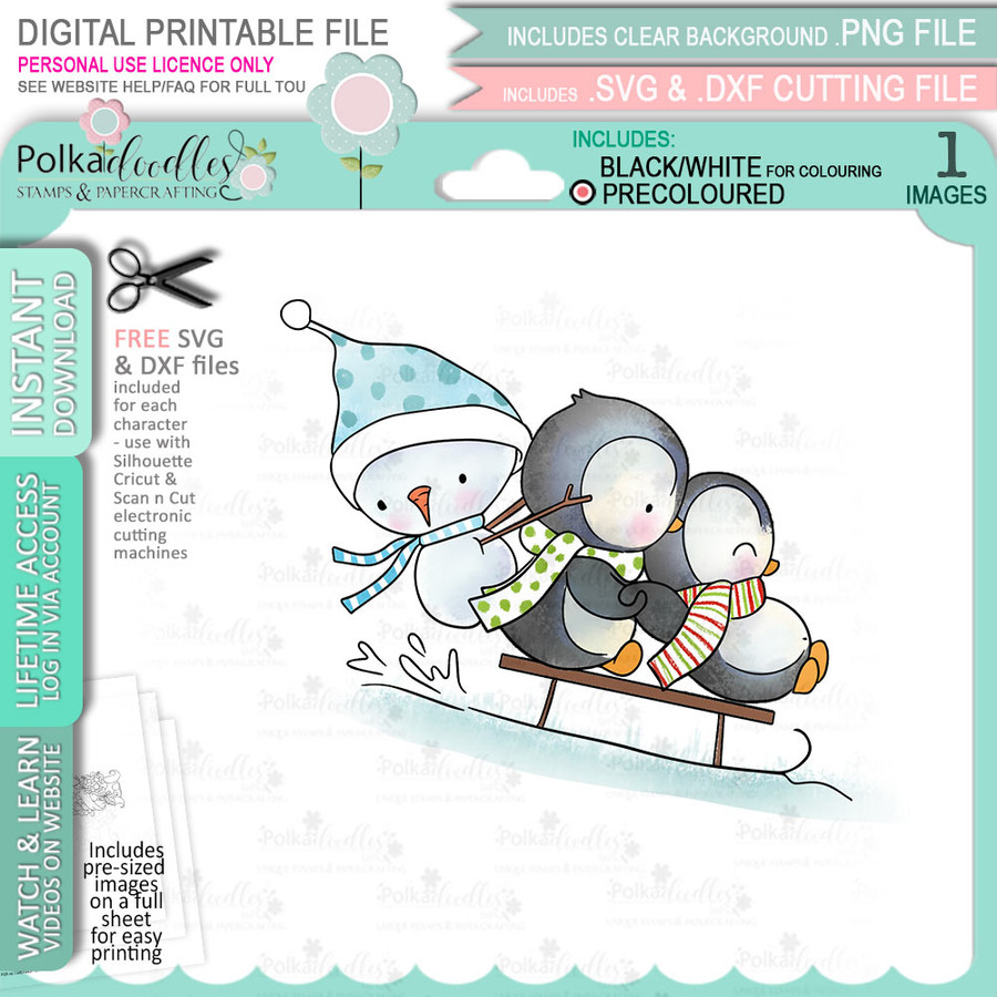 Sleigh Time Theo Penguin digital stamp - (COLOUR) printable clipart  for cardmaking, craft, scrapbooking & stickers