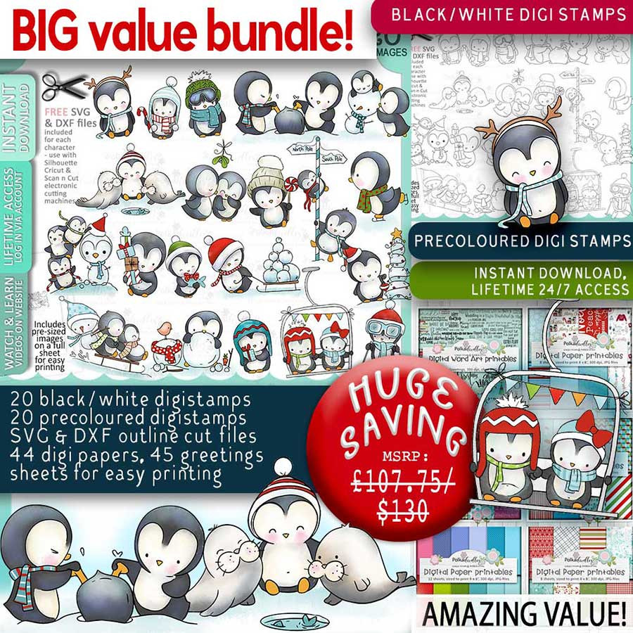 Theo Penguin - BIG KAHUNA bundle of digital stamps, papers, greetings printable clipart for cardmaking, craft, scrapbooking & stickers