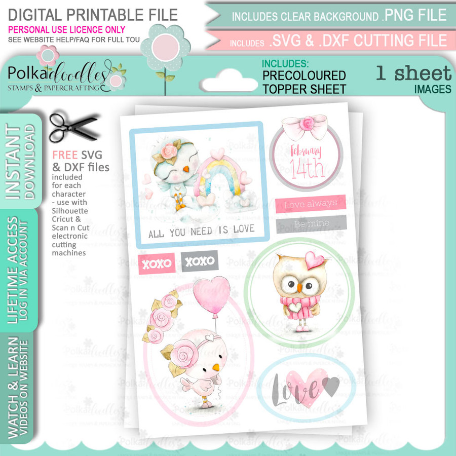Wings of Love coloured Topper sheet 3 - Valentine  cute printable craft download with free SVG /DXF files