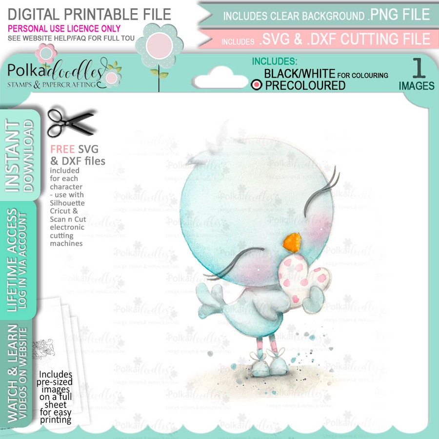 Love Bird Heart (precoloured) Valentine - Wings of Love cute printable craft digital stamp download with free SVG /DXF files