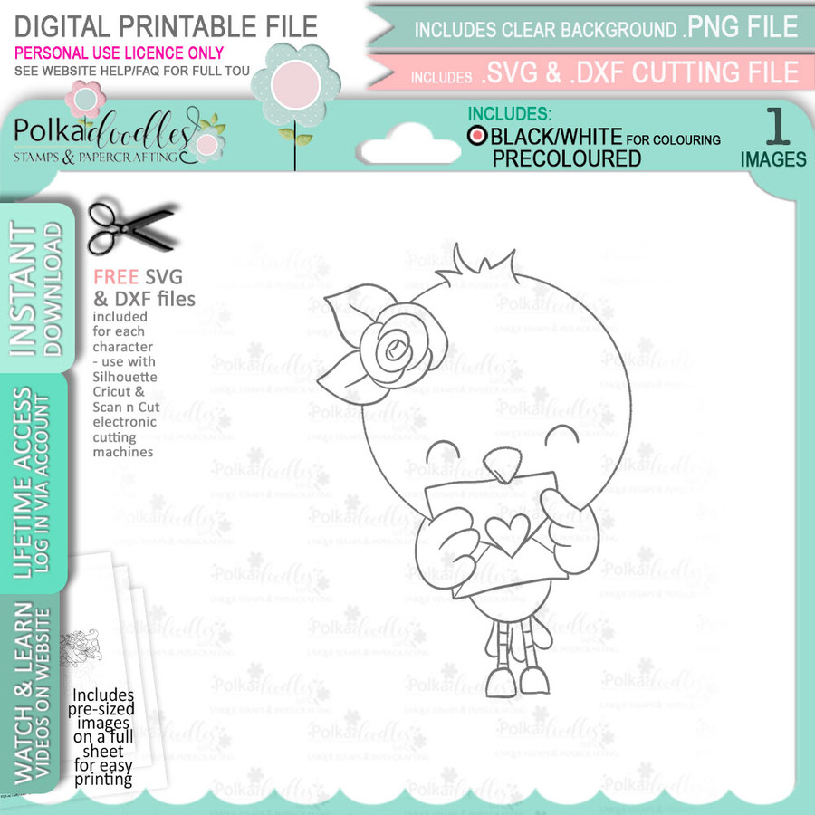 Love Bird Letter Valentine - Wings of Love cute printable craft digital stamp download with free SVG /DXF files