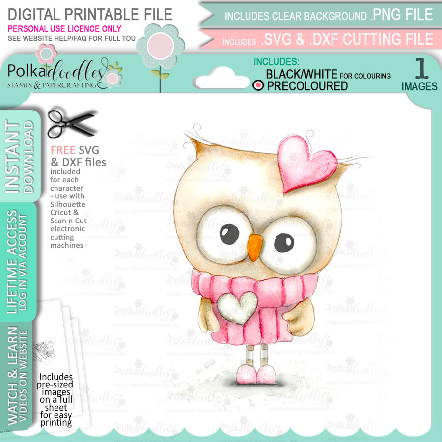 Love Bird Owl Heart (precoloured) Valentine - Wings of Love cute printable craft digital stamp download with free SVG /DXF files