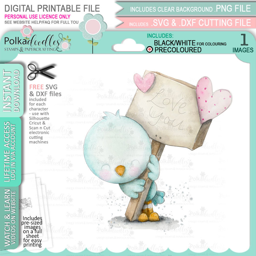Love Bird Love You Sign (precoloured) Valentine - Wings of Love cute printable craft digital stamp download with free SVG /DXF files