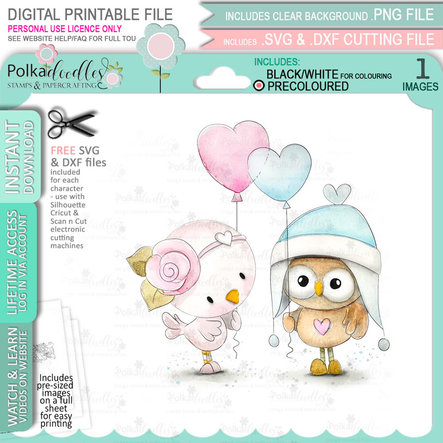 Love Birds Wings of Love cute printable (precoloured) craft digital stamp download bundle