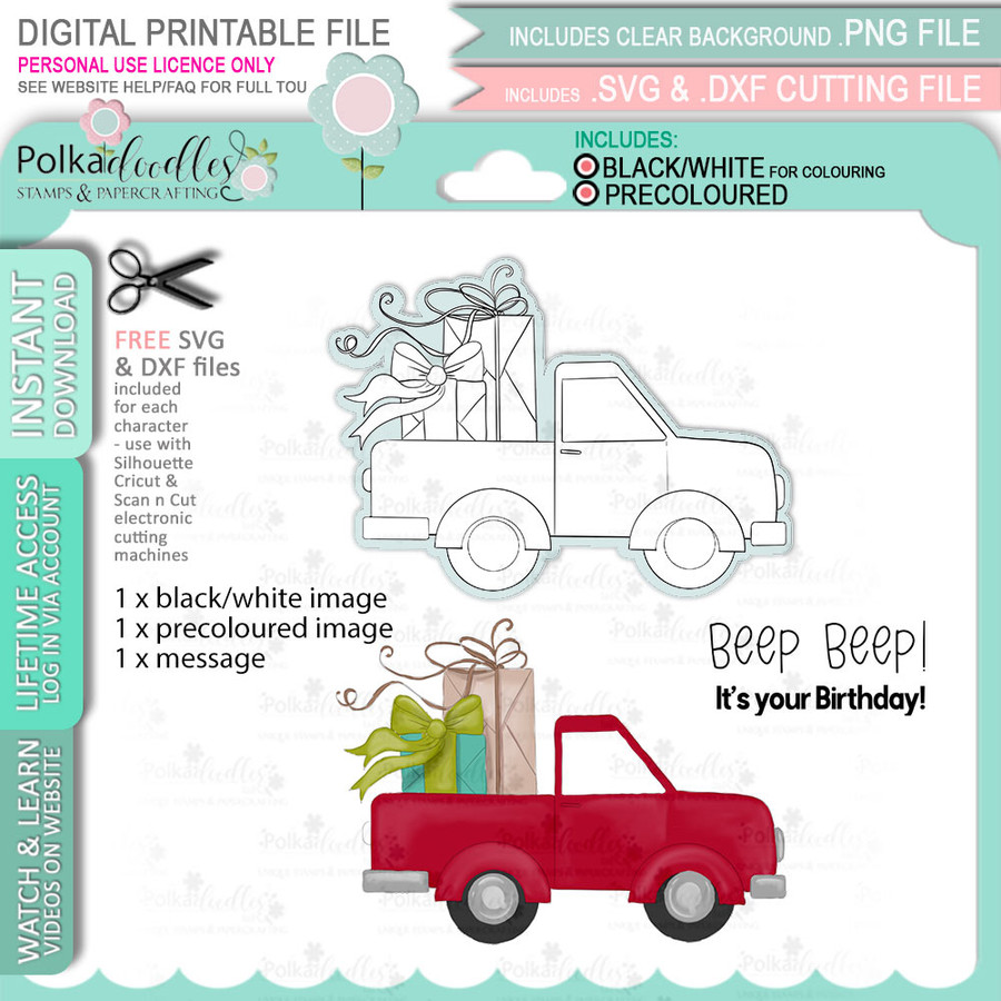 Red Truck celebration -  printable craft digital stamp download, SVG, papers, greeting