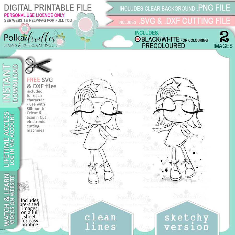 Rainbow Rebel -  cute printable craft digital stamp craft download