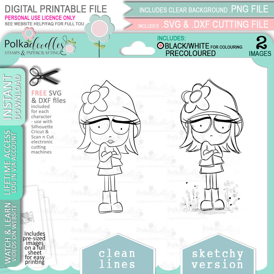 Sulky Attitude Rebel girl -  cute printable craft digital stamp craft download
