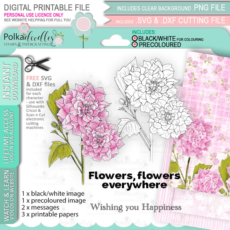 Dahlia Flower 1 -  printable craft digital stamp download, SVG, papers, greeting