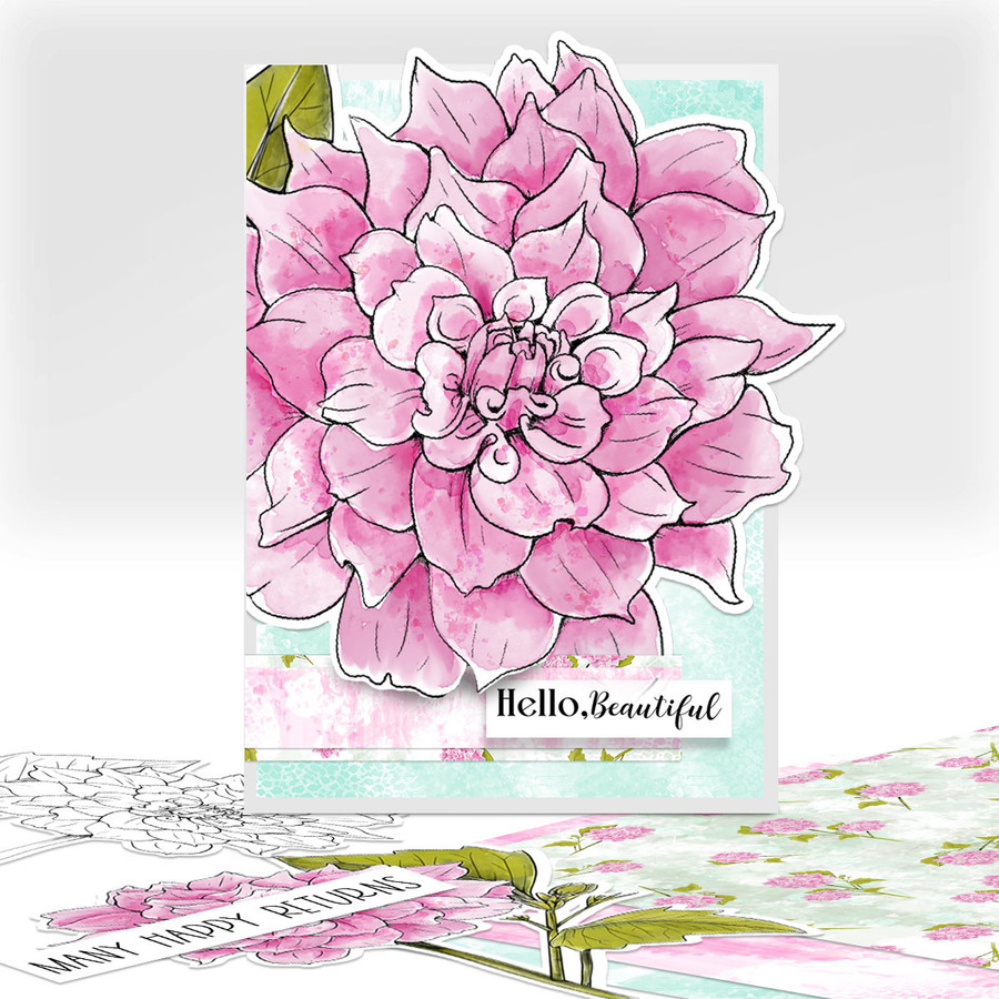 Dahlia Flower 2 -  printable craft digital stamp download, SVG, papers, greeting
