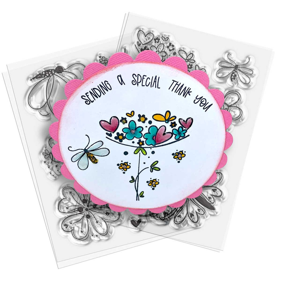 Hearts and Flowers Butterfly Stamp 1 - 8 photopolymer clear stamps for card making, crafts, scrapbooking