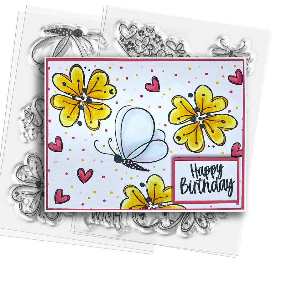 Hearts and Flowers Butterfly Stamp 1 - 8 photopolymer clear stamps for card making, crafts, scrapbooking