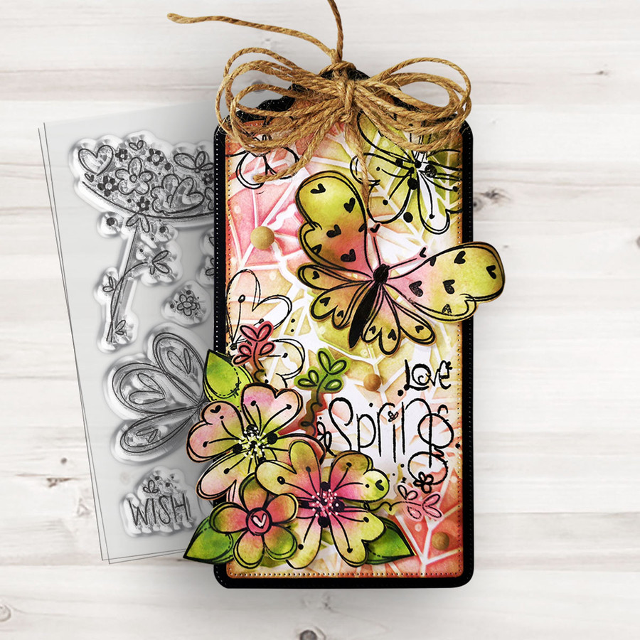 Hearts and Flowers Butterfly Stamp 1 - 8 photopolymer clear stamps for card making, crafts, scrapbooking