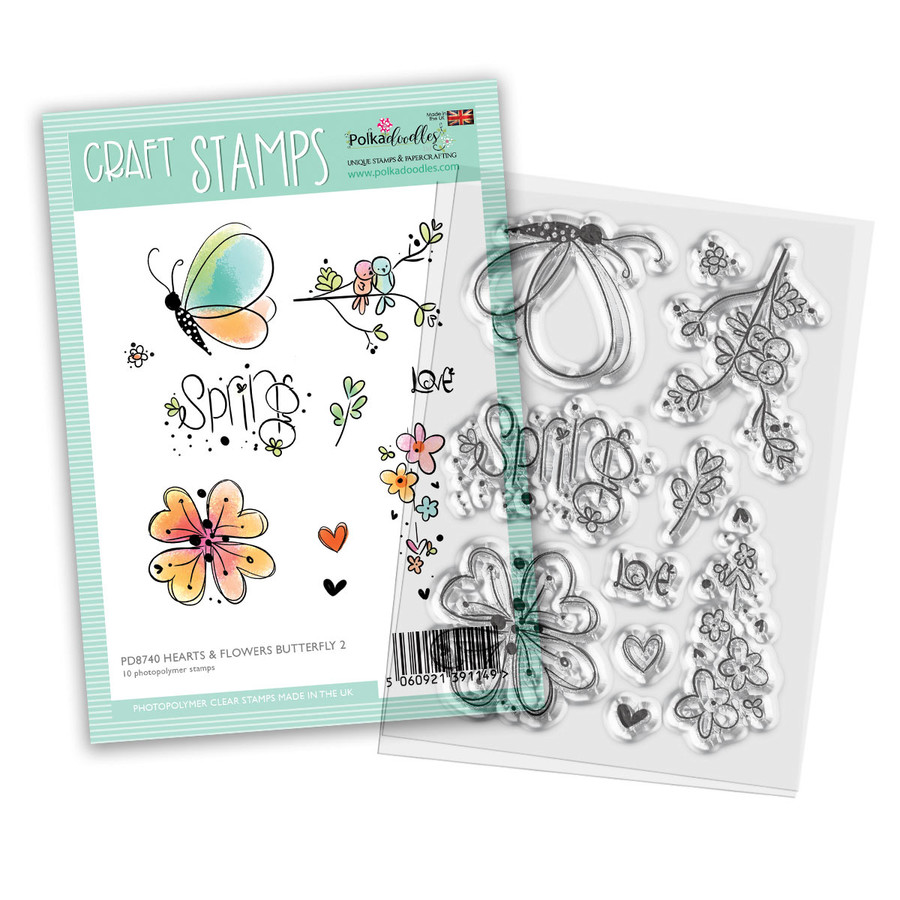 Hearts and Flowers Butterfly Stamp 2 - 10 photopolymer clear stamps for card making, crafts, scrapbooking