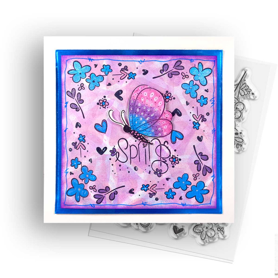 Hearts and Flowers Butterfly Stamp 2 - 10 photopolymer clear stamps for card making, crafts, scrapbooking