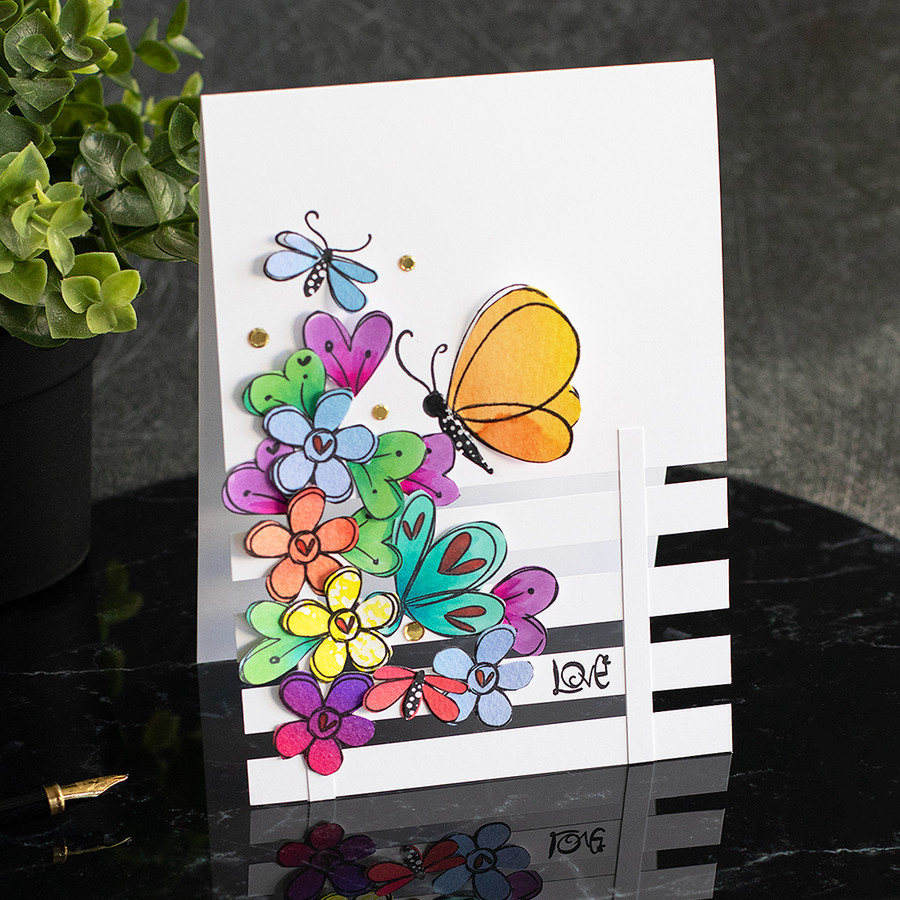 Hearts and Flowers Butterfly Stamp 2 - 10 photopolymer clear stamps for card making, crafts, scrapbooking