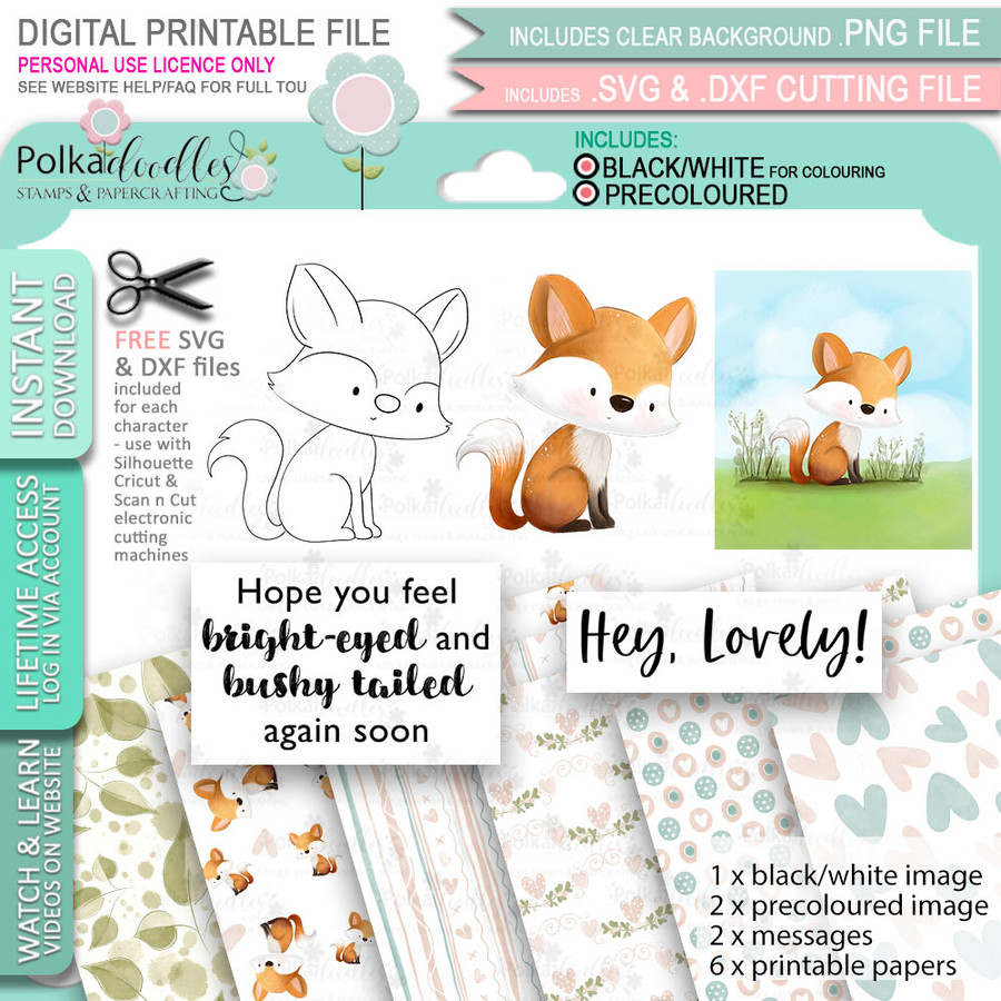 Mr Sox the cute Fox -  printable craft digital stamp download, SVG, papers, greeting