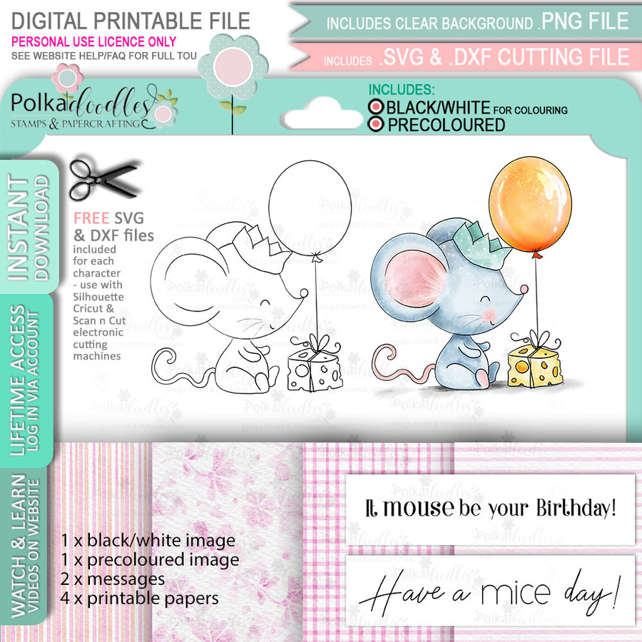 Birthday Mouse -  printable craft digital stamp download, SVG, papers, greeting