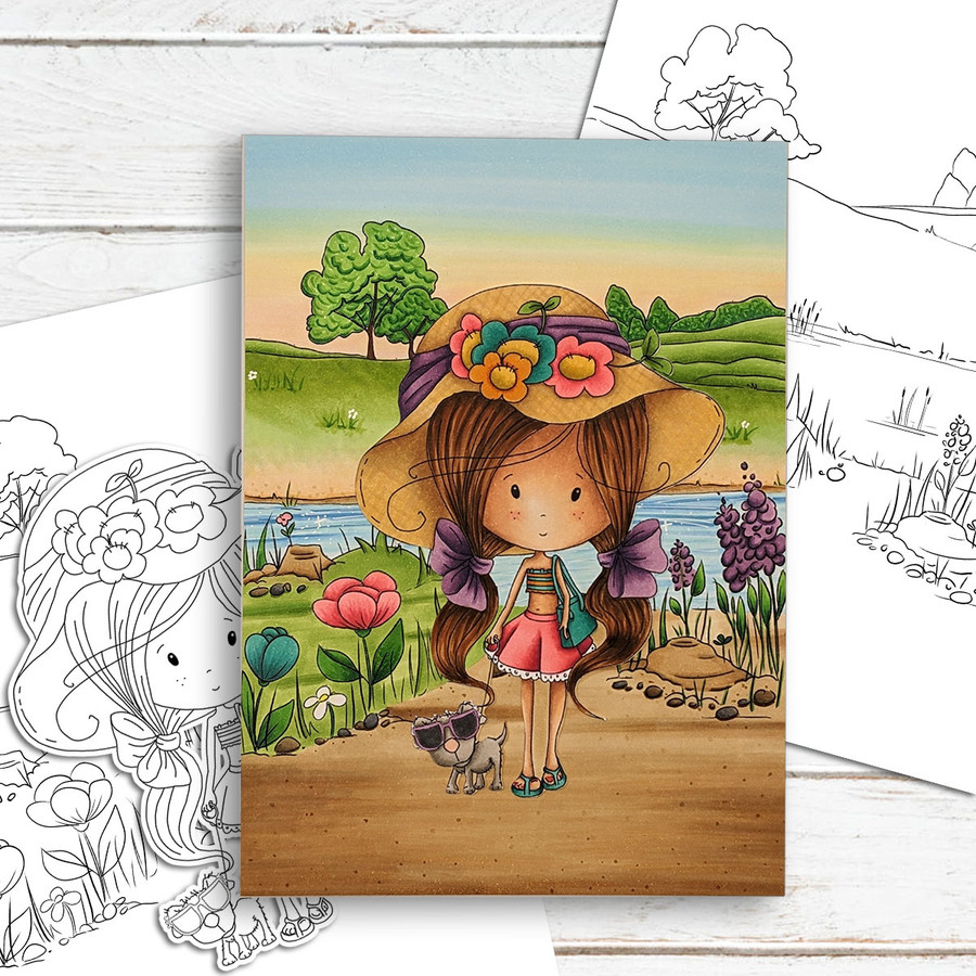 Garden river Country Scene background for colouring - printable craft digital stamp download