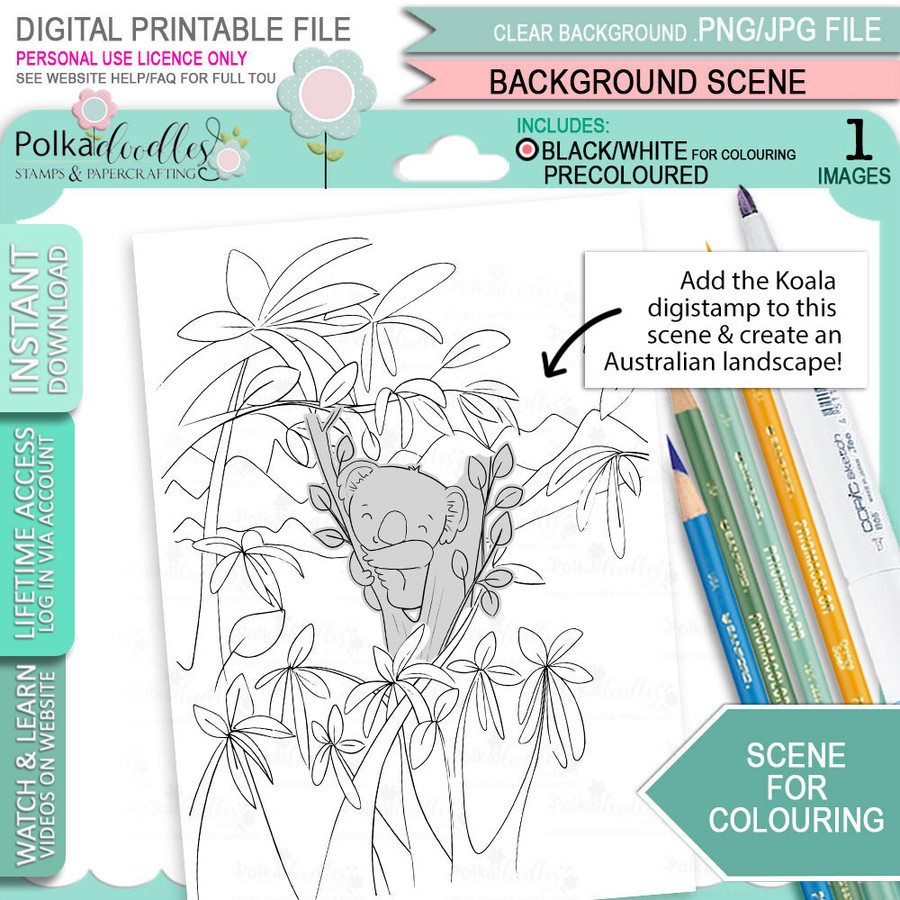 Bamboo Leaves with Mountains - Scene background for colouring. Printable craft digital stamp download