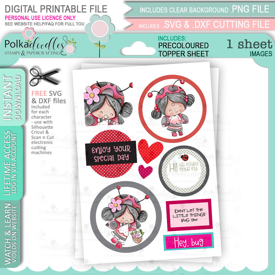Lily Bug Ladybird Topper sheet 6 -  cute printable cardmaking digital stamp craft download