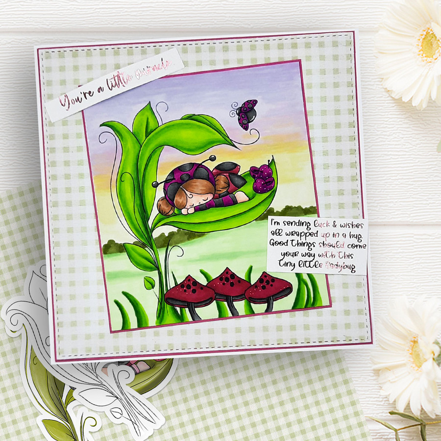 Sleeping Lily Ladybug Ladybird Cute digital stamp with SVG outlines for card making and crafting.