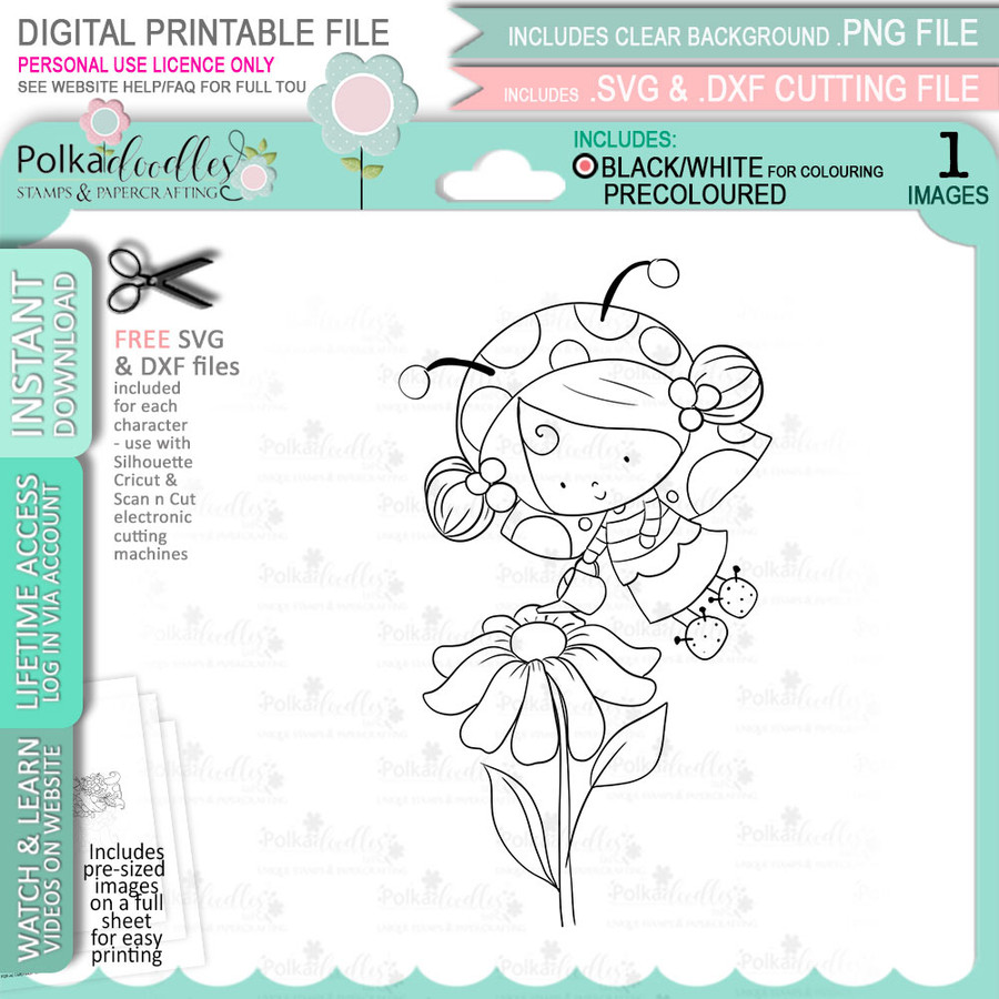 Gardening Lily Ladybug Ladybird Cute digital stamp with SVG outlines for card making and crafting.