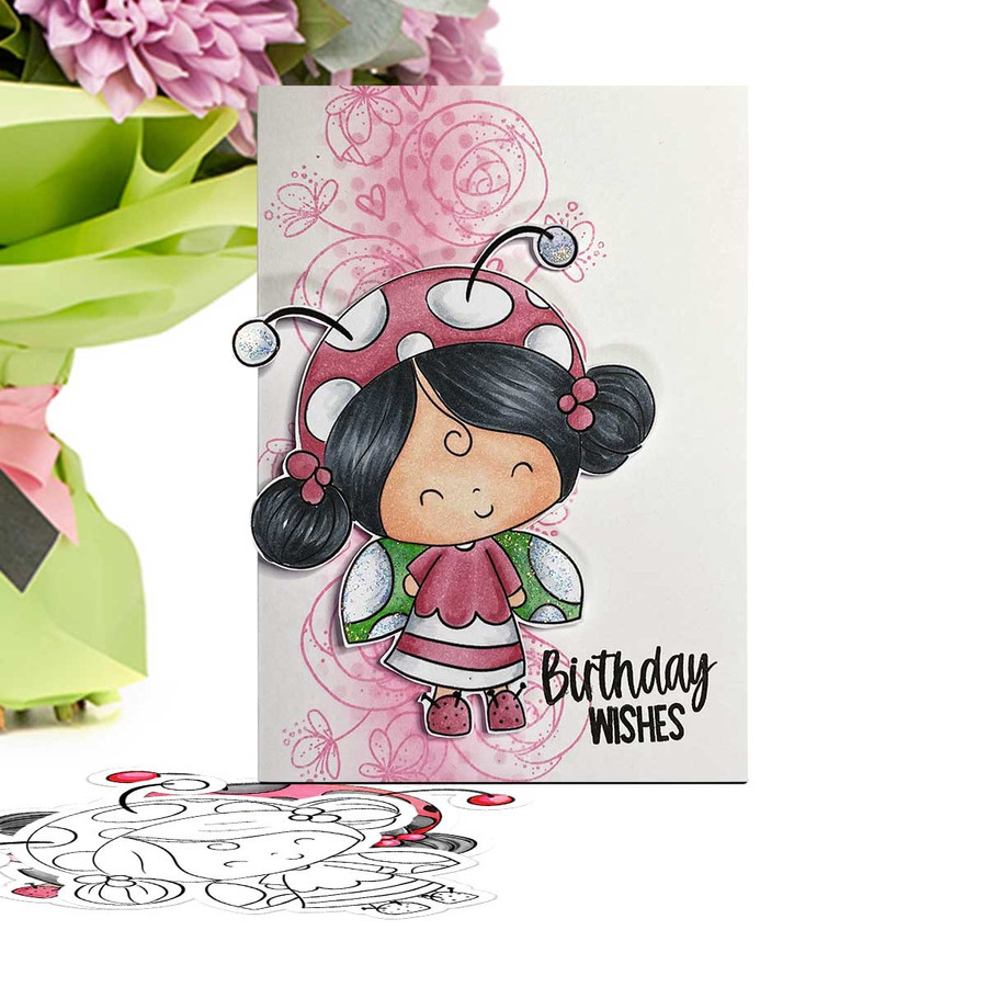 Fun Lily Ladybug Ladybird Cute digital stamp with SVG outlines for card making and crafting.