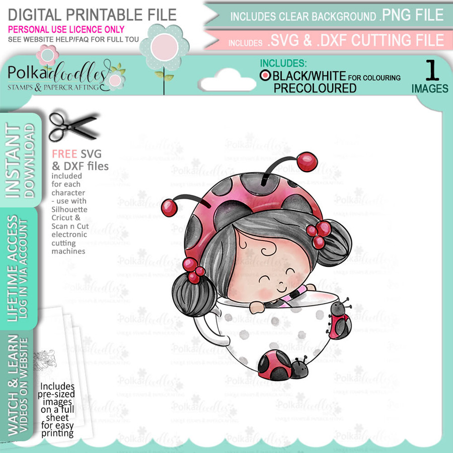 Teacup Lily Ladybug Ladybird PRECOLOURED Cute digital stamp with SVG outlines for card making and crafting.