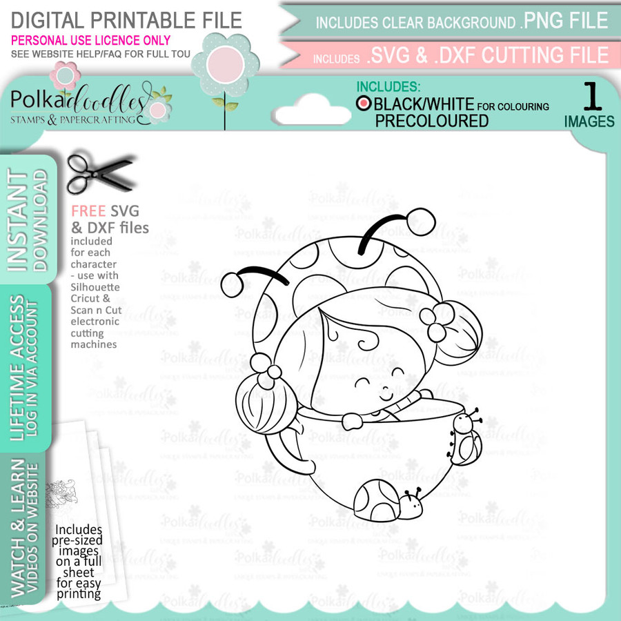 Teacup Lily Ladybug Ladybird Cute digital stamp with SVG outlines for card making and crafting.