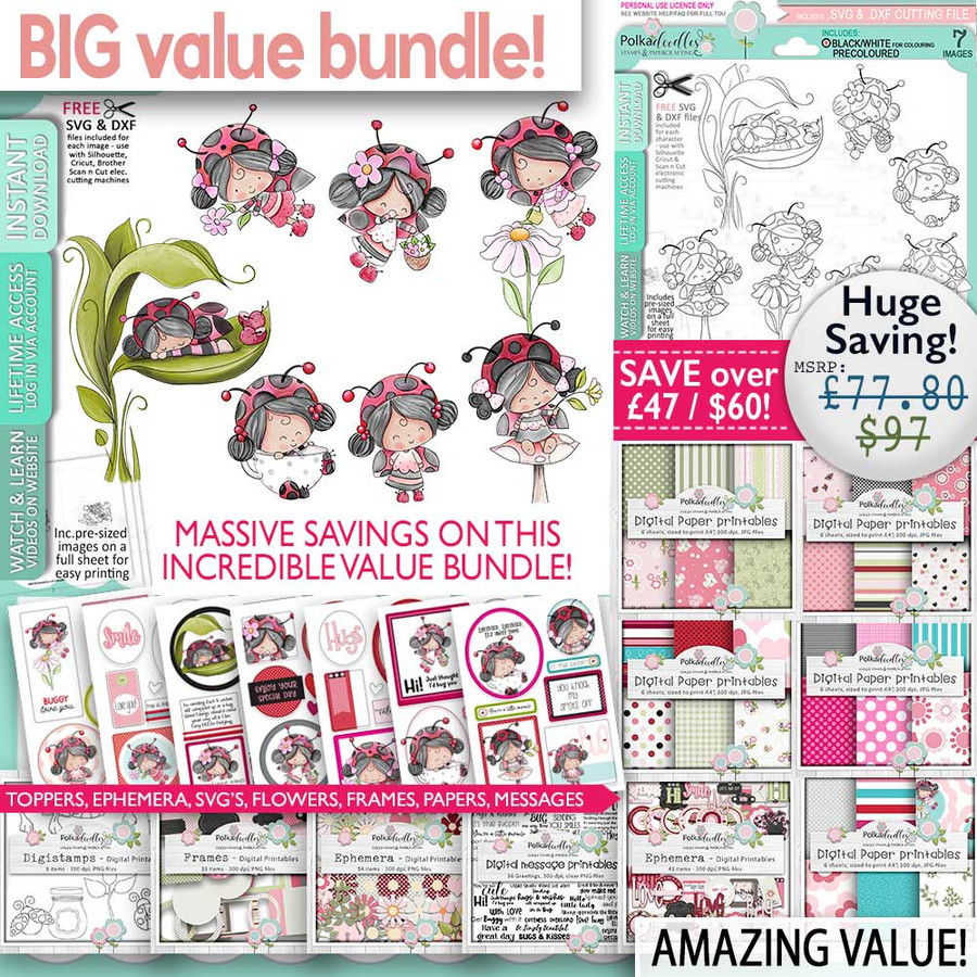 Lily Ladybug Ladybird Big Kahuna bundle - Cute digital stamp bundle with SVG outlines for card making and crafting.