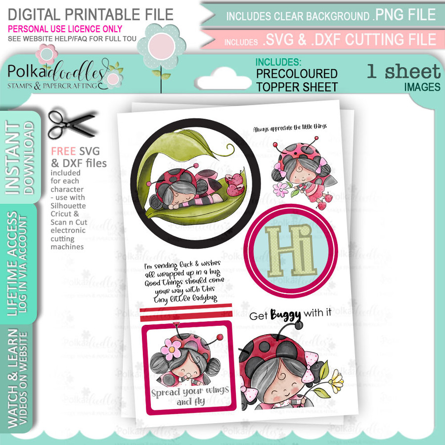 Lily Ladybug Ladybird Big Kahuna bundle - Cute digital stamp bundle with SVG outlines for card making and crafting.