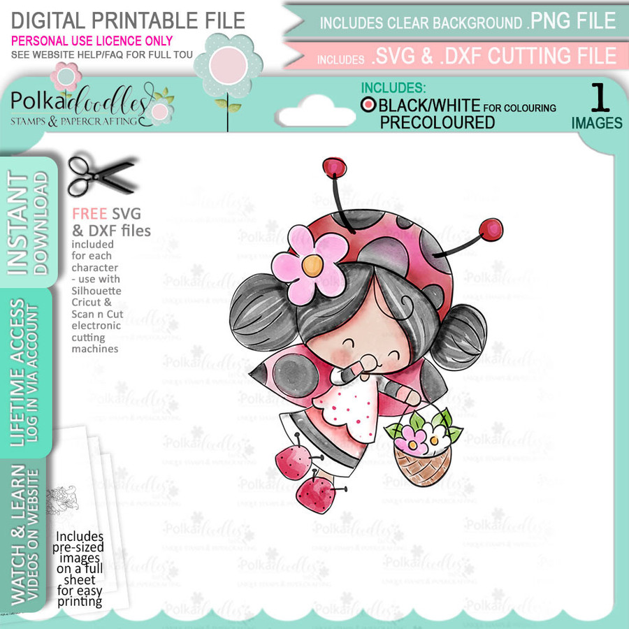 USB collection Lily Ladybug Ladybird Cute printables with SVG outlines for card making and crafting.