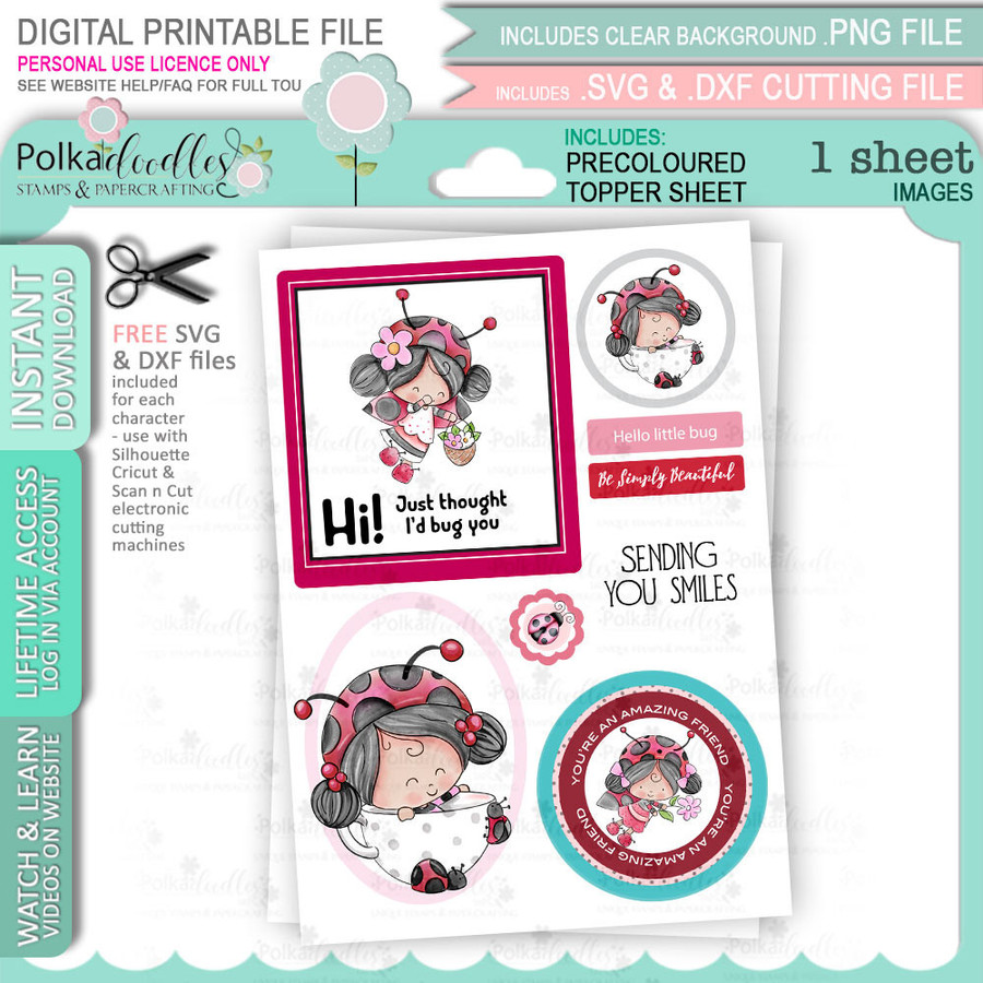 USB collection Lily Ladybug Ladybird Cute printables with SVG outlines for card making and crafting.