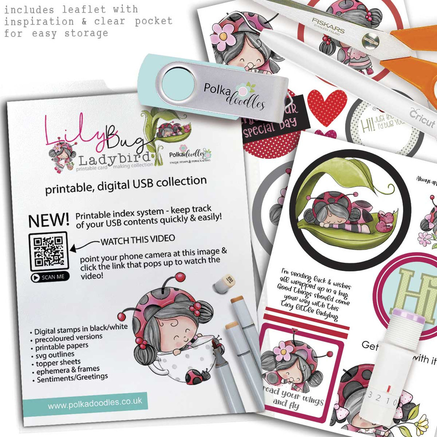 Printable USB collection Lily Ladybug Ladybird  - Cute digital stamp bundle with SVG outlines for card making and crafting.