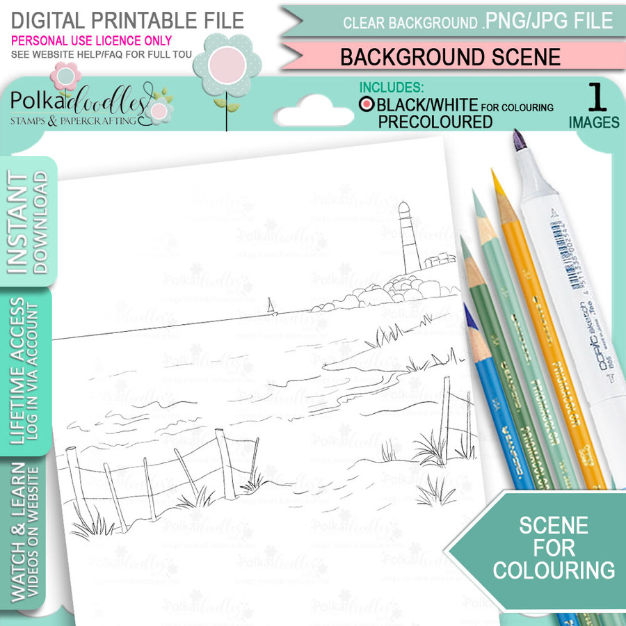 Coast Scene with sand, sea, lighthouse for colouring - Scene background for colouring. Printable craft digital stamp download