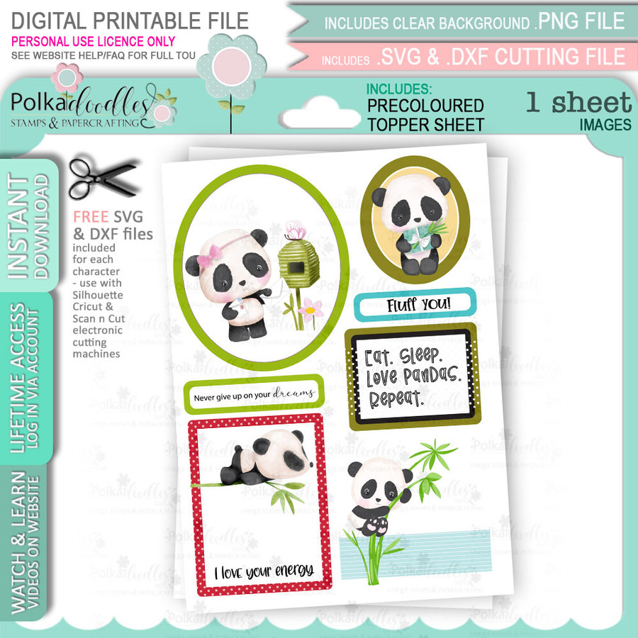 Noodle Panda Topper Sheet 1 - printable digital stamp clipart for card making, crafts, digiscrap