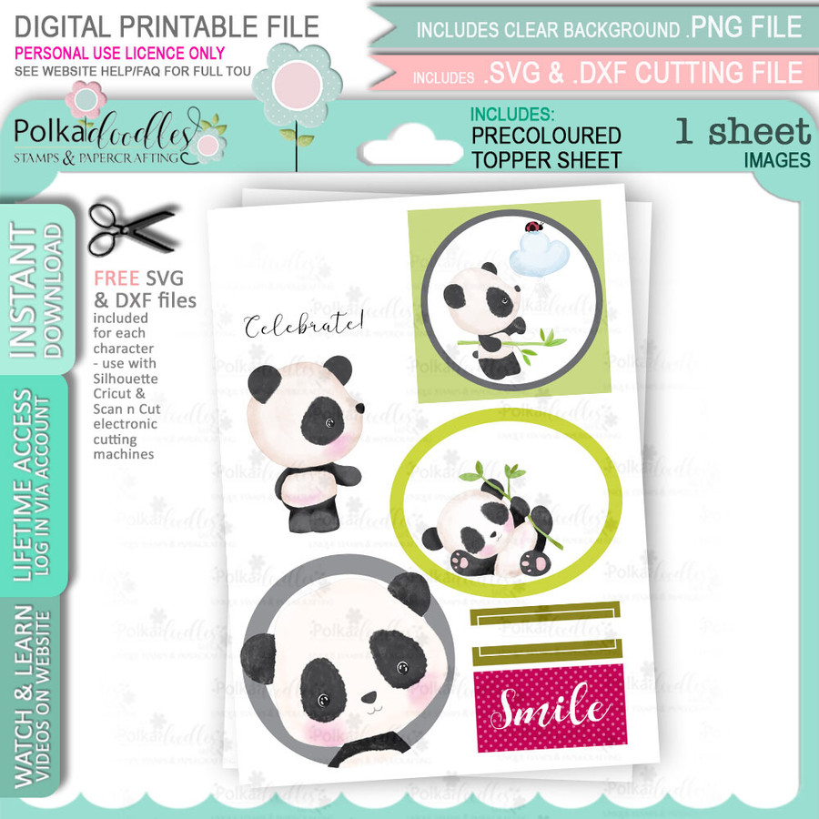 Noodle Panda Topper Sheet 2 - printable digital stamp clipart for card making, crafts, digiscrap