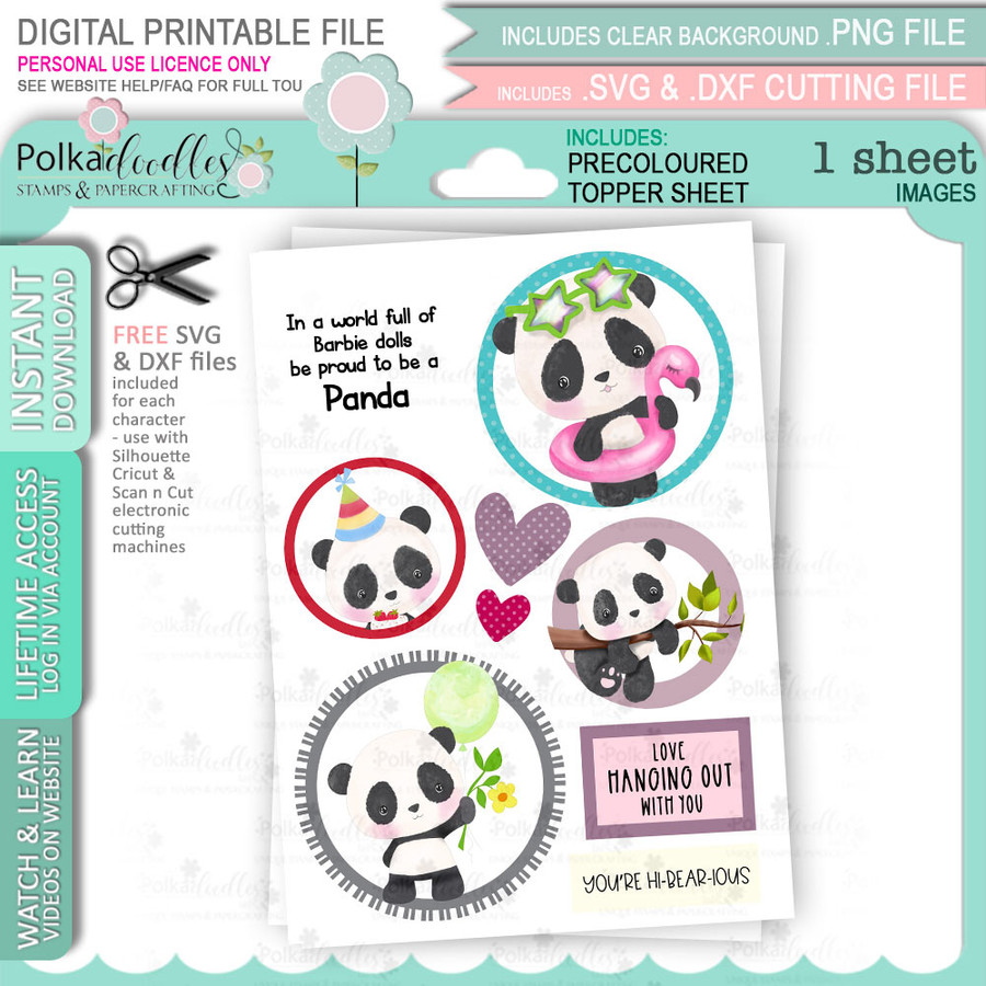 Noodle Panda Topper Sheet 9 - printable digital stamp clipart for card making, crafts, digiscrap