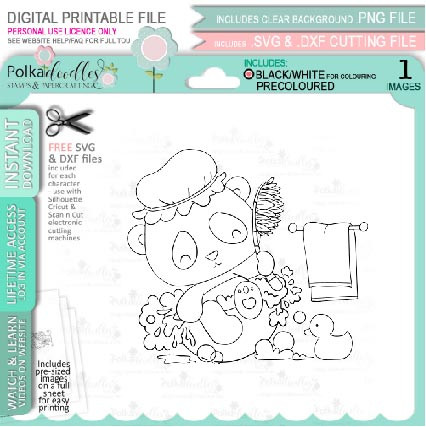 Bath time bubbles - Noodle Panda Bear Cute printable digital stamp with SVG outlines for card making, crafting, printable planner sticker.