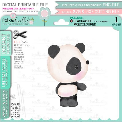 Looking right - Noodle Panda bear PRECOLOURED Cute printable digi stamp clipart with SVG outlines for card making, crafting, printable planner sticker