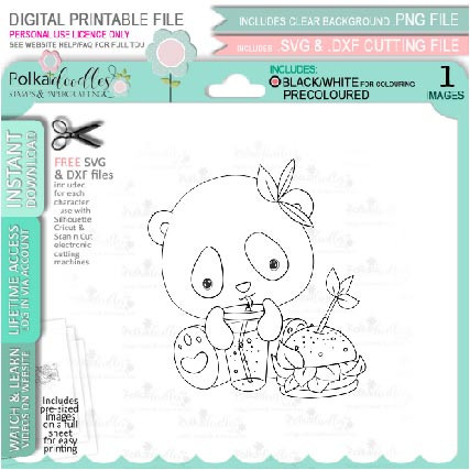 Quarter panda burger drink - Noodle Panda Bear Cute printable digital stamp with SVG outlines for card making, crafting, printable planner sticker.