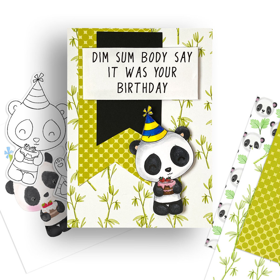 Birthday surprise - Noodle Panda Bear Cute printable digital stamp with SVG outlines for card making, crafting, printable planner sticker.