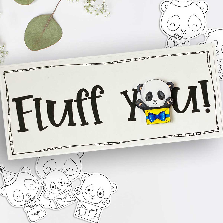 Birthday surprise - Noodle Panda Bear Cute printable digital stamp with SVG outlines for card making, crafting, printable planner sticker.