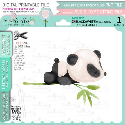 Lazy sleeping on a branch - Noodle Panda bear PRECOLOURED Cute printable digi stamp clipart with SVG outlines for card making, crafting, printable planner sticker