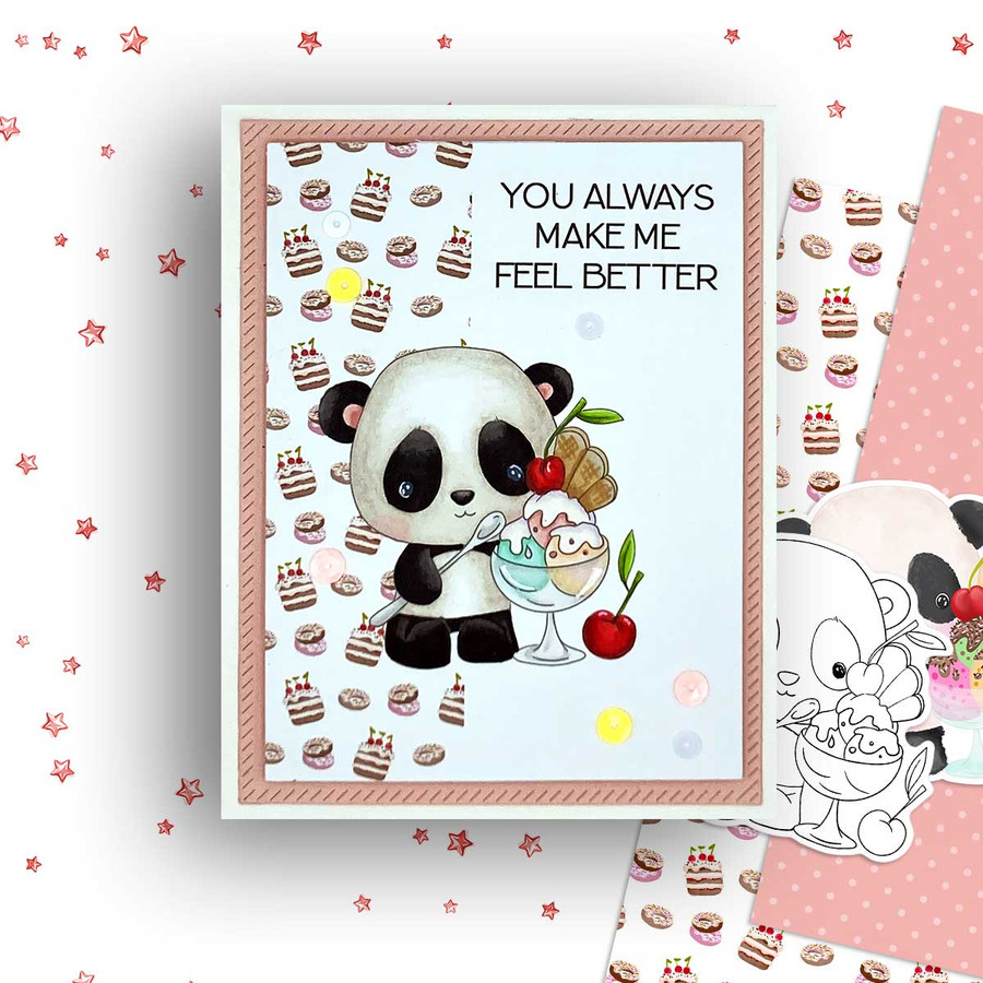 Ice Cream sundae - Noodle Panda Bear Cute printable digital stamp with SVG outlines for card making, crafting, printable planner sticker.