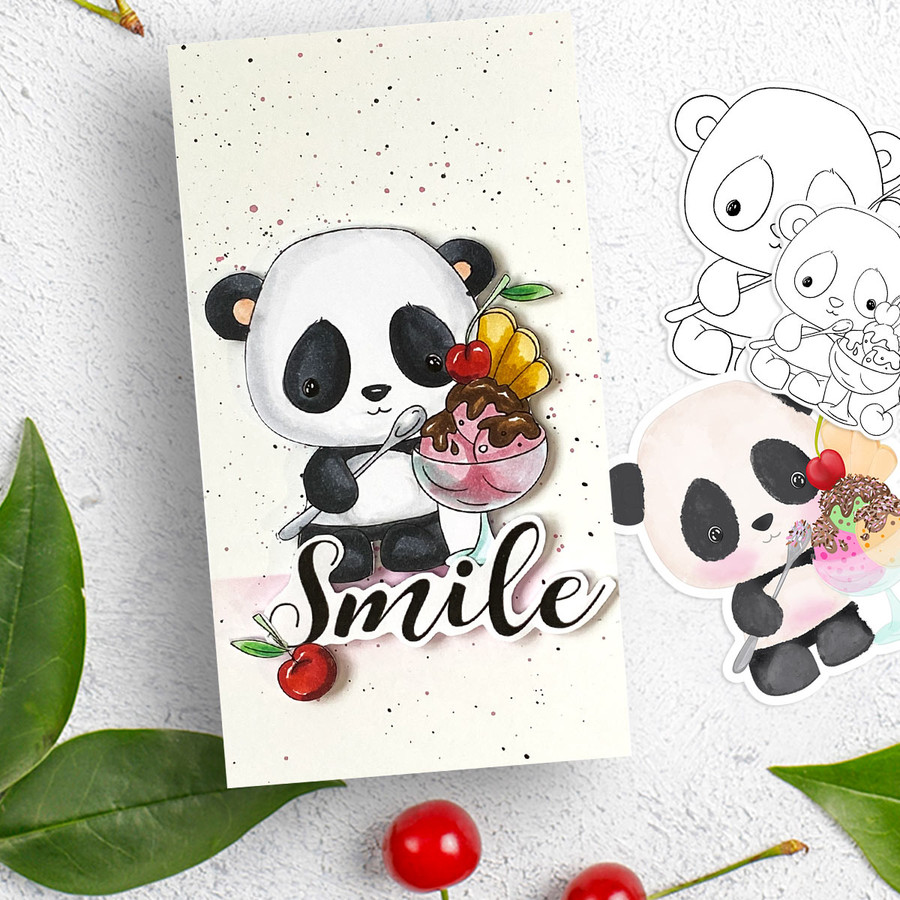 Ice Cream sundae - Noodle Panda Bear Cute printable digital stamp with SVG outlines for card making, crafting, printable planner sticker.