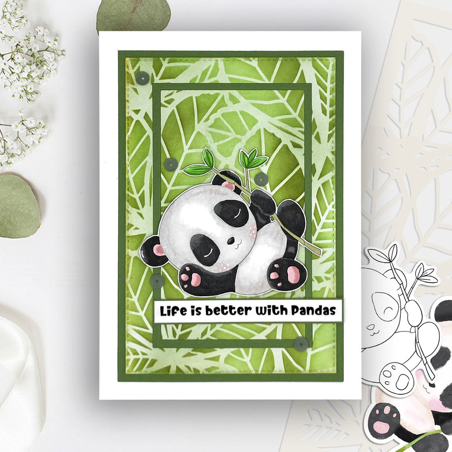Relax with Bamboo - Noodle Panda Bear Cute printable digital stamp with SVG outlines for card making, crafting, printable planner sticker.