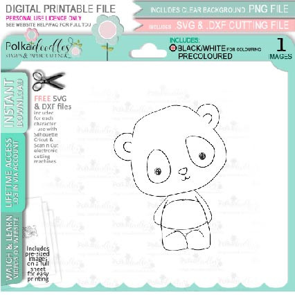 Hello - Noodle Panda Bear Cute printable digital stamp with SVG outlines for card making, crafting, printable planner sticker.