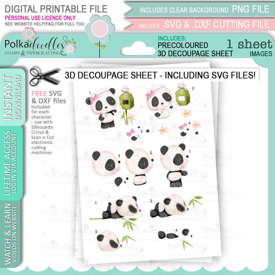 Noodle Panda bear - 3D Decoupage sheet 1 Cute printable digi stamp clipart with SVG outlines for card making, crafting, printable planner sticker